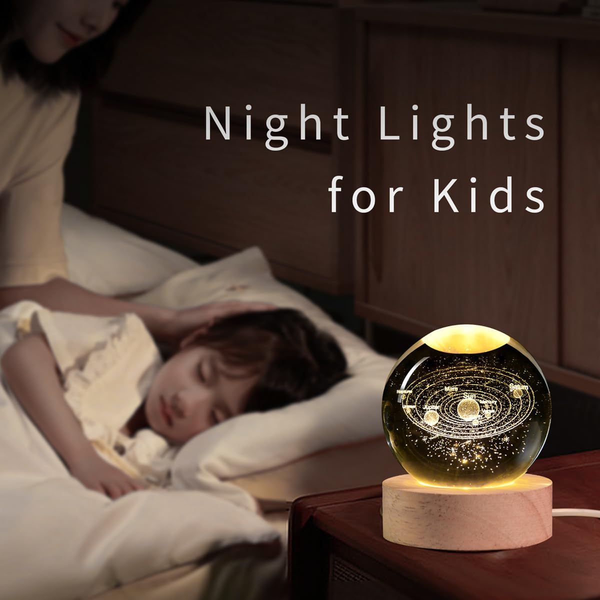 3D Galaxy Crystal Ball Night Light with Wooden Base (Universe)