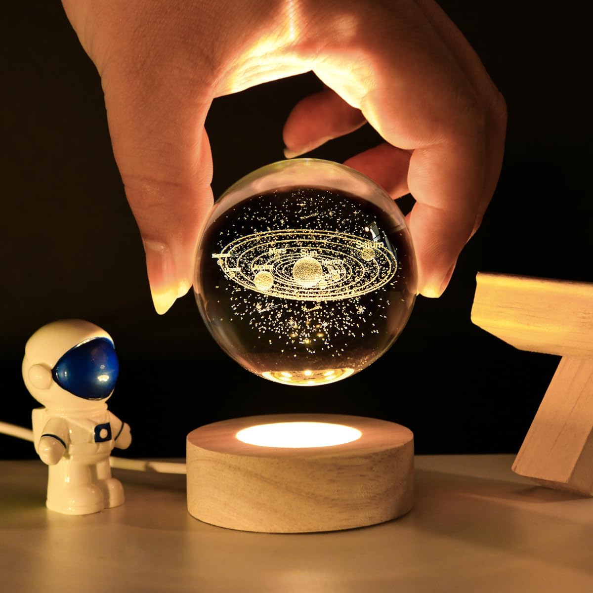 3D Galaxy Crystal Ball Night Light with Wooden Base (Universe)