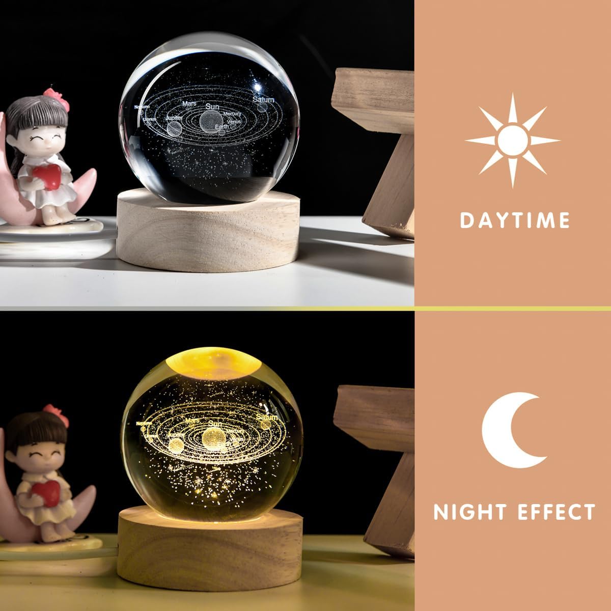 3D Galaxy Crystal Ball Night Light with Wooden Base (Universe)